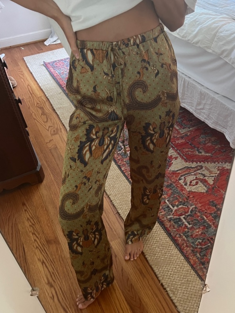 Zara Olive Paisley Straight-Leg Drawstring Pants